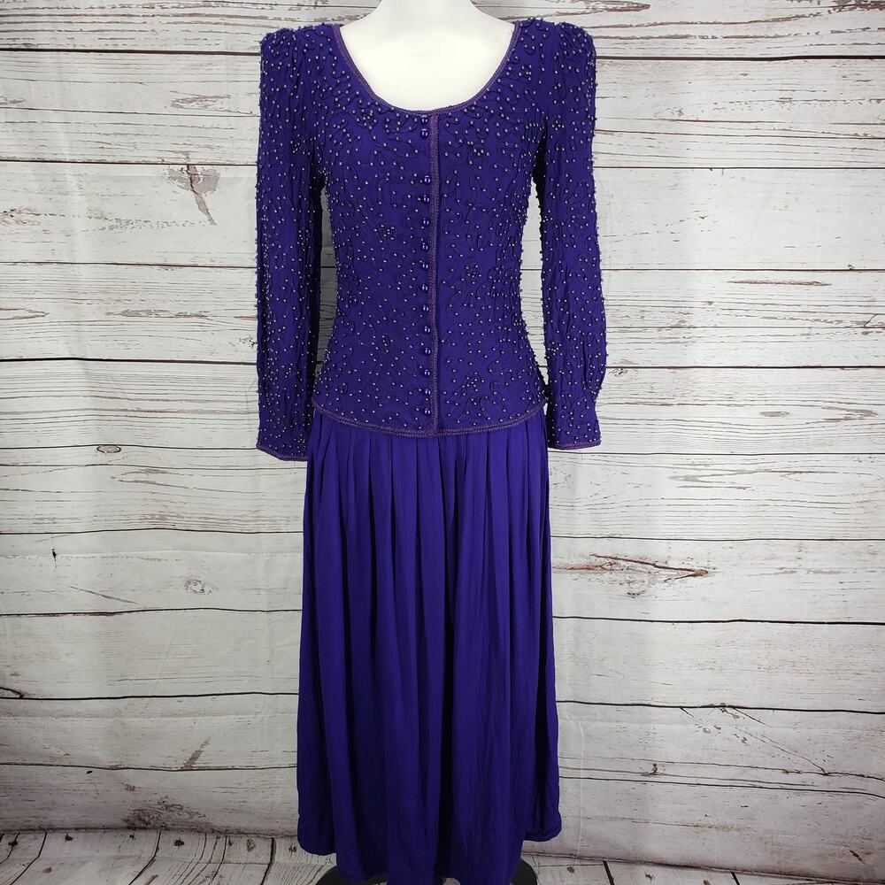 Sarah Elizabeth Vintage Purple Rayon Pearl Detail Long Sleeve Dress Size 8
